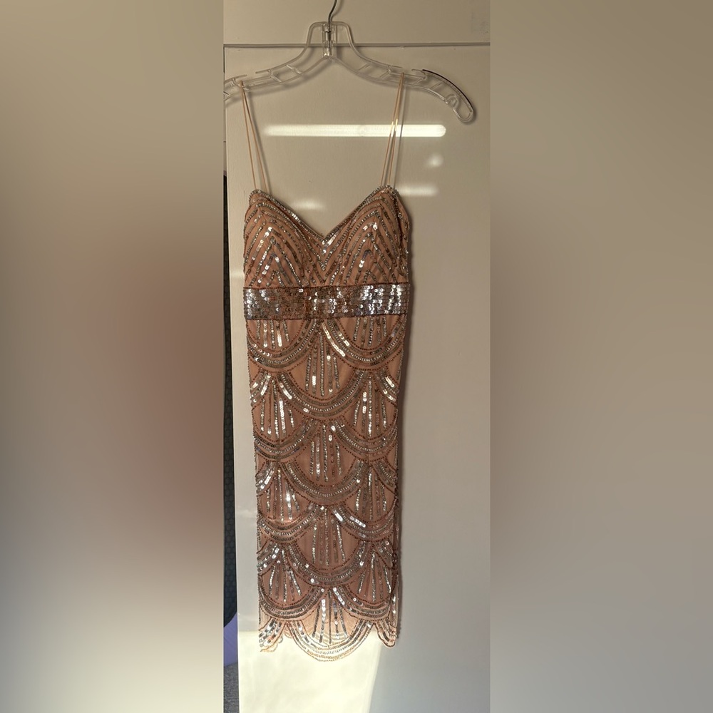 Jump Sequin Embellished Prom Dress in pink and silver embellishments.